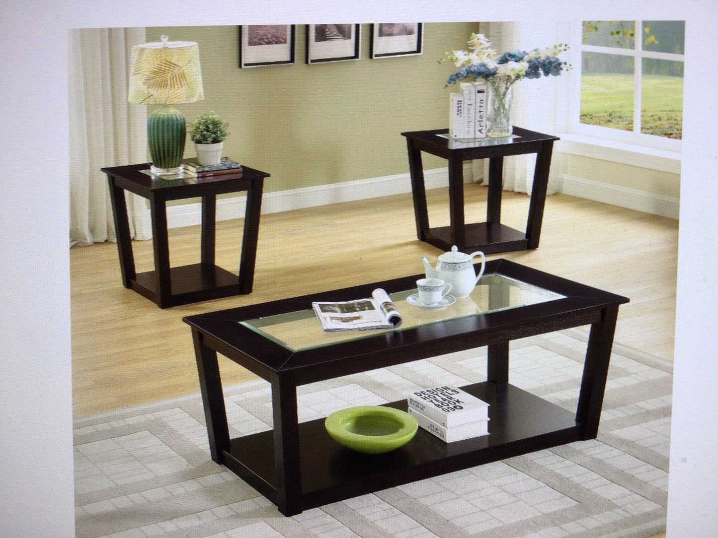 3 Piece Glass Insert Coffee and End Table Set
