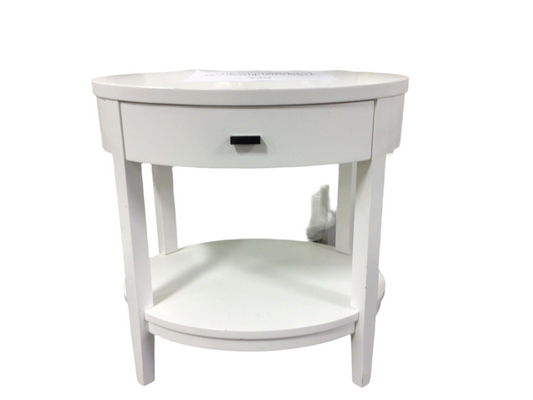 White Oval Nightstand with Drawer and Shelf