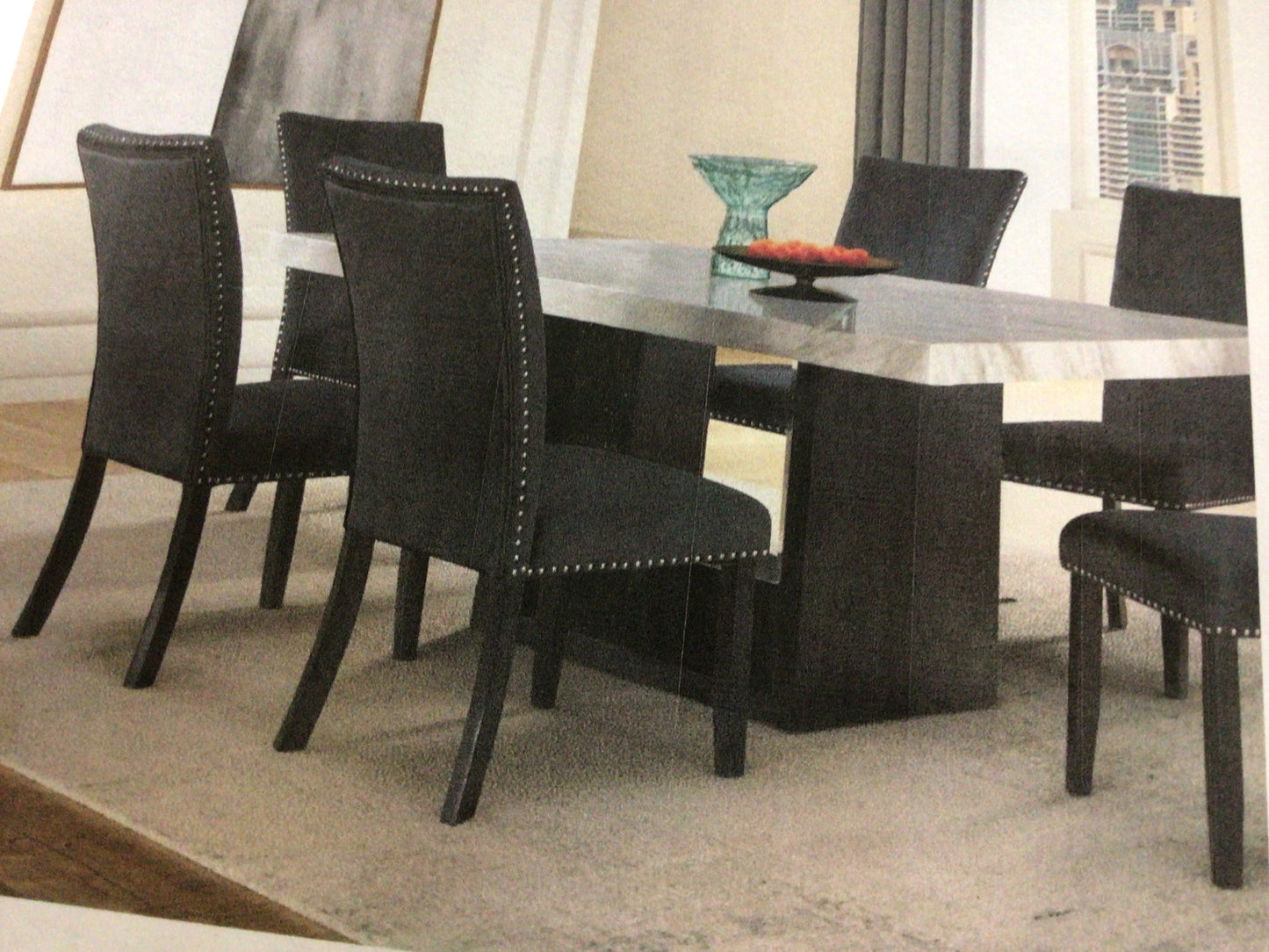 White Faux Marble Table 6 Black Chairs