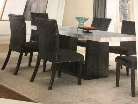 White Faux Marble Table 6 Black Chairs