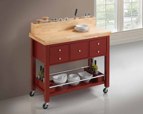 Country Red Kitchen Island With Caster Wheels