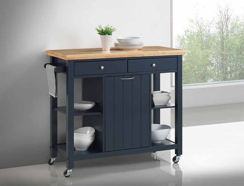 Transitional Natural and Navy Blue Kitchen Cart