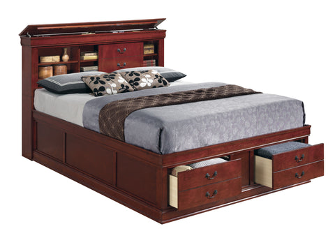 Louis Philippe Red Brown Queen Storage Bed